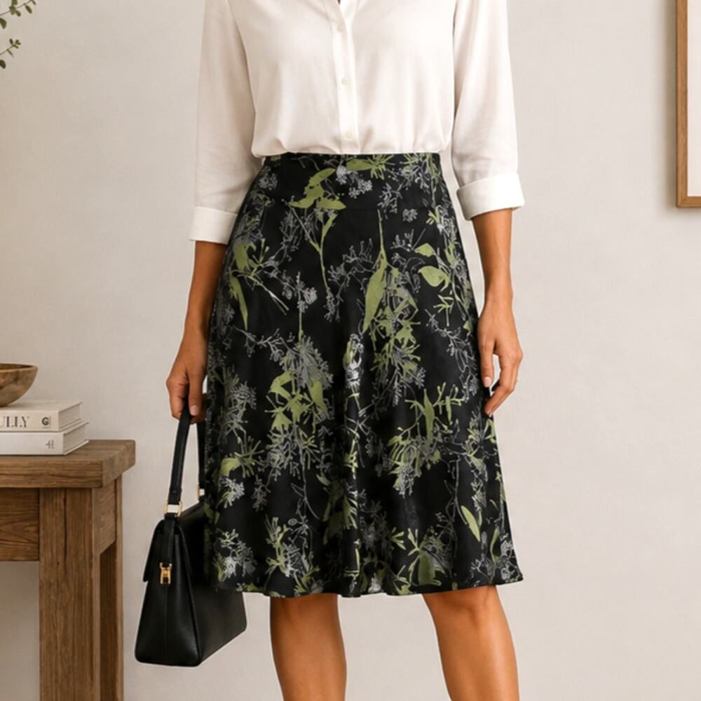 Calvin Klein 100% Silk A-Line Skirt All Over Print Brown Green Earthy Size 8 NWT